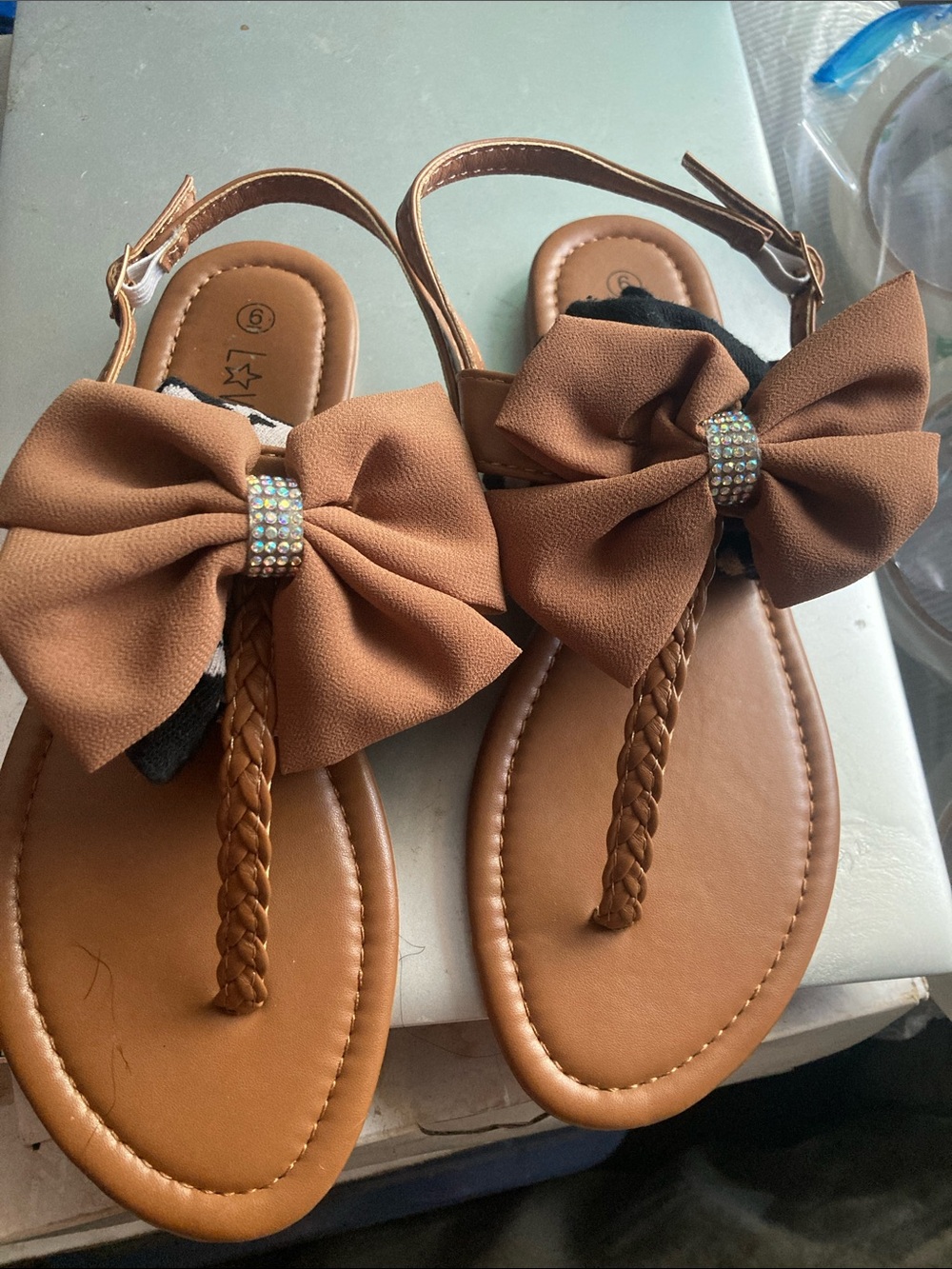 Love Tan Bow T-Strap Sandals with Rhinestone Accent